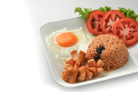 American style breakfast set,Fried rice with fried chicken ,sausage and vegetable on white plate