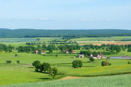 Téléchargez les photos : Cette photo de paysage a été prise en Europe, en France, en Bourgogne, à Nièvre, à Cuncy les Varzy, vers Clamecy, au printemps. Nous voyons un village français dans la campagne verte, sous le soleil. - en image libre de droit
