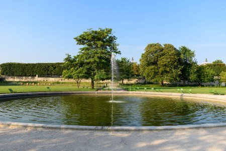 This landscape photo was taken, in Europe, in France, in ile de France, in Paris, in summer. We can see the Bassins du Jardin des Tuileries, under the Sun.