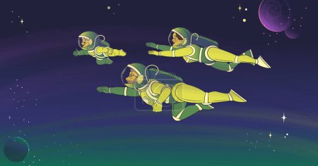 Illustration for Parents and little son.Family of astronauts are flying in outer space in the pose of supermen.Futuristic space landscape. Vector illustration in cartoon style. - Royalty Free Image