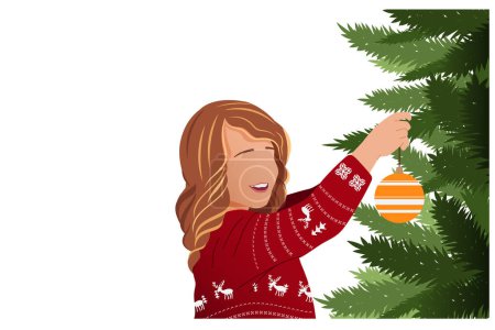 Téléchargez les photos : Petite fille dans un pull rouge du Nouvel An, accroche une décoration d'arbre de Noël sur l'arbre de Noël.Illustration vectorielle, bannière, sans style de visage. - en image libre de droit