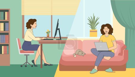 Téléchargez les photos : Femme d'affaires au travail hybride assis à la table entre le bureau et l'environnement confortable à la maison, illustration vectorielle dans le style de dessin animé plat. - en image libre de droit