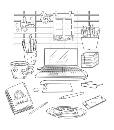 Téléchargez les photos : Doodle image du lieu de travail de l'artiste numérique.Table et organisateur mural avec ordinateur, tablette, crayons. Illustration vectorielle en noir et blanc dans un style linéaire. - en image libre de droit