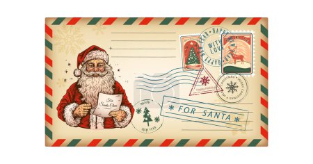 Illustration for Letter envelope for Santo Kraus in a retro style Christmas greeting card. Vector illustration, vintage, isolated on white background. - Royalty Free Image