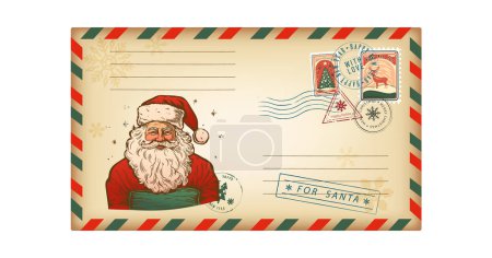 Téléchargez les photos : Lettre enveloppe pour Santo Kraus dans un style rétro carte de vœux de Noël. Illustration vectorielle, vintage, isolée sur fond blanc. - en image libre de droit