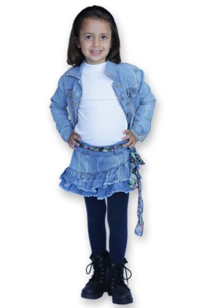 Photo for Child in jeans and white background posing for photos. - Royalty Free Image