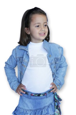 Photo for Child in jeans and white background posing for photos. - Royalty Free Image