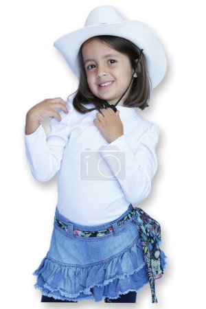 Photo for Child with white hat and jeans with white background. - Royalty Free Image