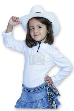 Child with white hat and jeans with white background.