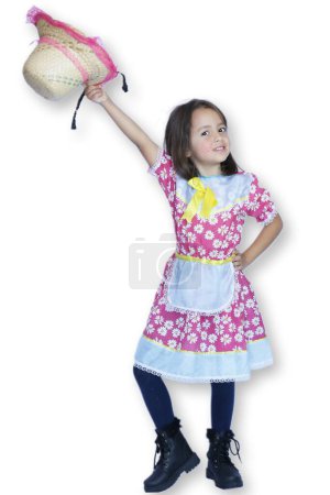 Photo for Beautiful child in party outfit with hat and white background. - Royalty Free Image