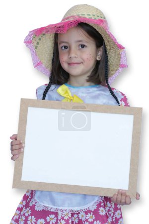 Photo for Beautiful child in party outfit with hat and white background. - Royalty Free Image