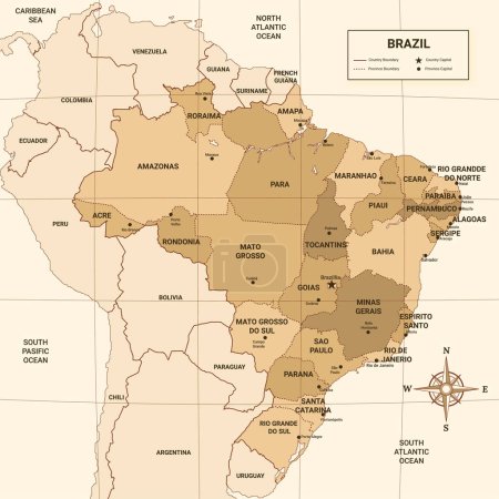 Brasil Mapa del país con la frontera circundante 