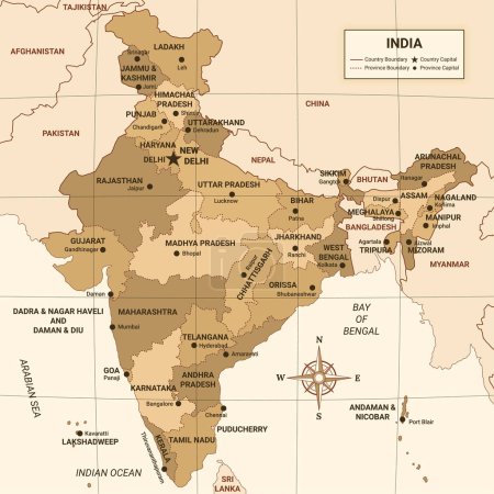 Illustration for India Country Map With Surrounding Border - Royalty Free Image