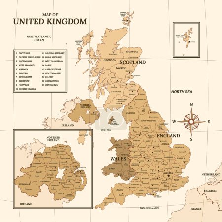 Téléchargez les illustrations : Carte du Royaume-Uni avec frontière environnante - en licence libre de droit