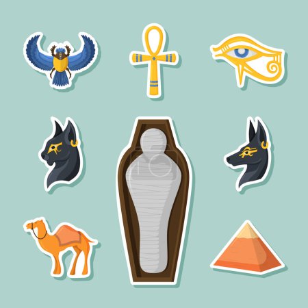 Ilustración de Egipcio con momia y pirámide colección de etiquetas engomadas de ficción - Imagen libre de derechos