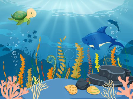 Téléchargez les illustrations : Océan fond sous-marin avec requin et tortue - en licence libre de droit
