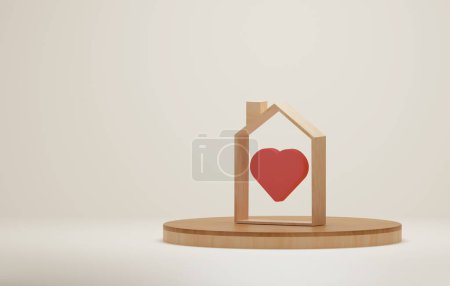 Foto de Wooden house with heart icon on wooden podium, family love home warmth and real estate investment. 3D render illustration. - Imagen libre de derechos