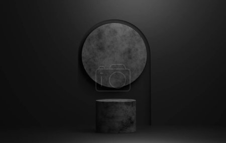 Foto de Base redonda de podio sobre fondo abstracto negro exposición espacio estudio o cosméticos y escenario publicitario. Ilustración de representación 3D - Imagen libre de derechos