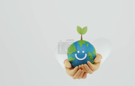 Photo for Hand holding earth on white background. Earth day green energy, renewable resources global environmental sustainability, environmental protection. 3d render illustration. - Royalty Free Image