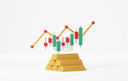 Foto de Candlestick chart graphs and gold bars buying and selling gold bullion, upward arrow graphs, gold market growth and Investment. 3D render illustration. - Imagen libre de derechos