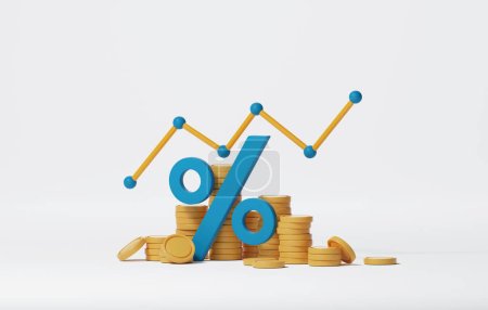 Prozentsatz-Symbol auf einem Stapel Münzen auf weißem Hintergrund. Steigende Zinsen symbolisieren Finanzwachstum durch Investitionen. 3D-Darstellung der Illutration.