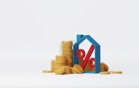 Téléchargez les photos : Icône de la maison et pourcentage rouge sur fond blanc Augmentation des taux d'intérêt des prêts immobiliers, des investissements, de la croissance et des hypothèques immobilières. Illustration de rendu 3D. - en image libre de droit