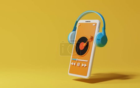 Online music streaming service application via smartphone with wireless headphones. Playing music with turntable on yellow background smartphone. 3d render illustration