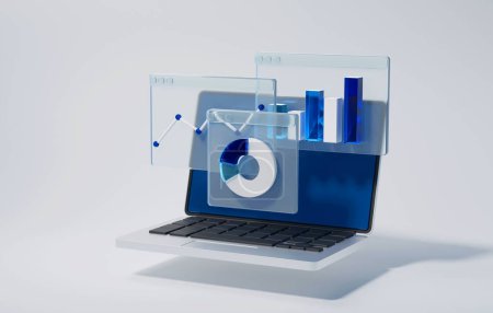 Finanzdatenanalyse und Geschäftswachstum mit Kuchendiagramm und Balkendiagramm auf weißem Hintergrund. 3D-Darstellung