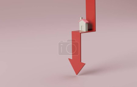 Photo for Economic impact on housing market with of residential property. Concept of housing downturn of down arrow housing graph. 3D render illustration. - Royalty Free Image