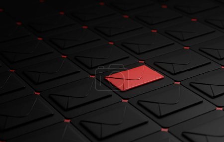 Discover deceptive world of phishing scams as red envelope stands out on black background. Cybercrime concept. 3D render illustration.