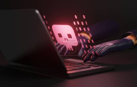 Representación de un astuto ladrón cibernético mientras estafan a los usuarios en línea. Explore el mundo del crimen en Internet y la ciberseguridad. Ilustración de representación 3D.