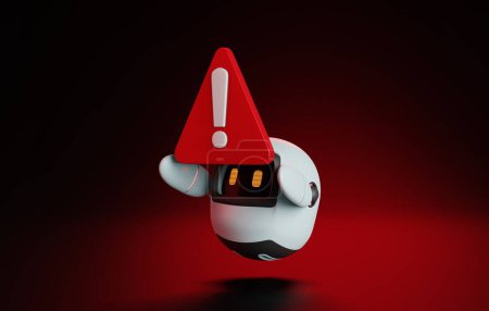 Photo for 3D rendered robot holding exclamation sign, against a vivid red backdrop. Illustrating technology mishaps and warnings. Futuristic concept. 3d render illustration. - Royalty Free Image