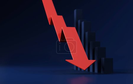 Foto de La recesión como flecha roja apunta hacia abajo en medio de un gráfico de barras en declive, que simboliza la recesión económica y la crisis financiera. Ilustración 3D renderizada. - Imagen libre de derechos