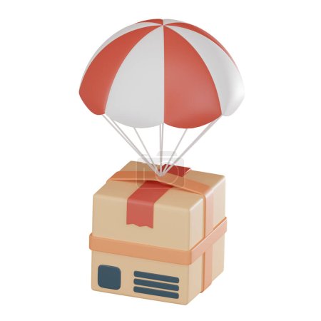Cardboard box parachute represents advanced airdrop delivery solutions goods. Use articles, infographics, social media posts about logistics innovation. 3D render illustration.