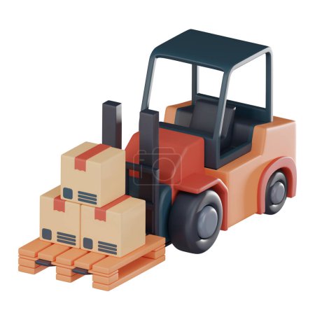 Photo for Forklift truck, lifting pallet cardboard boxes represents efficient logistics solutions way goods, transported, stored. Use articles, infographics, social media posts about logistics. - Royalty Free Image