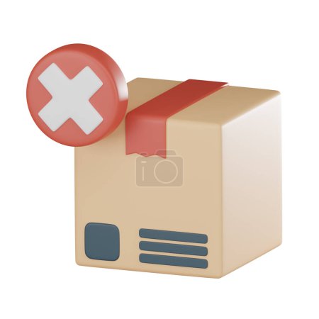 Damaged cardboard box cross cancel badge providers face ensuring safe, timely delivery goods. Use articles, infographics, or social media posts about logistics. 3D render illustration.
