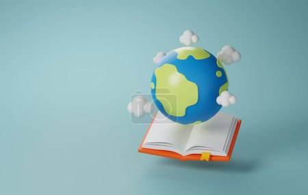 Tierra encima de un libro, ideal para conmemorar el Día Mundial del Libro. Descubre el poder de la literatura y la conciencia global. Ilustración de representación 3D
