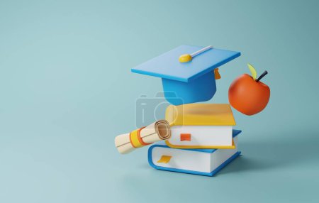 Academic success with featuring graduation cap and diploma. Symbolizing achievement, completion, this virtual representation is perfect for celebrating educational milestones. 3D render Illustration 