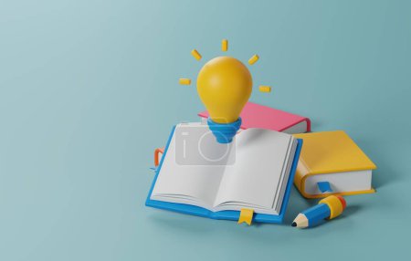 Téléchargez les photos : Créativité vibrante avec ampoule jaune et livre ouvert mélange parfait d'éducation et d'idées innovantes. Idéal pour les projets qui cherchent à transmettre de l'apprentissage et de l'imagination. Illustration de rendu 3D - en image libre de droit