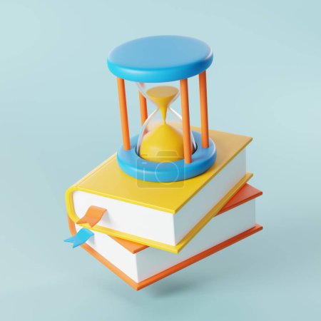 Bücher, Sanduhren und Symbole. Perfekt für akademische Konzepte, Zeitmanagement und das Streben nach Weisheit. 3D-Darstellung.