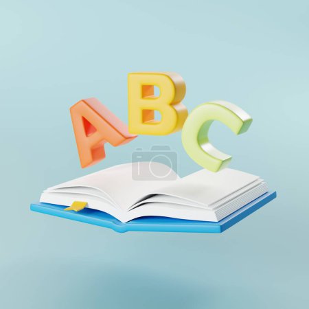Téléchargez les photos : Education mettant en vedette un livre ouvert et ABC un symbole emblématique de l'apprentissage et de l'alphabétisation. Parfait pour le matériel éducatif et les concepts littéraires. Illustration 3D - en image libre de droit