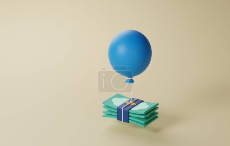 Ballon und Banknote, Inflation, steigende Preise, wirtschaftliche Abschwünge und finanzielle Herausforderungen. Ideal für die Vermittlung von Konzepten der Lebenshaltungskosten und Finanzplanung. 3D-Darstellung.