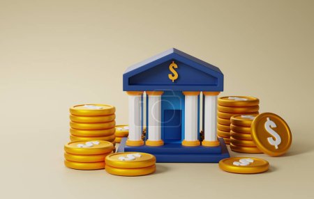 Bankenbau, Finanzindustrie. Vielseitiges Image ist ideal, um Konzepte von Finanzinstitutionen, wirtschaftlicher Stabilität und globalem Finanzwesen zu vermitteln. 3D-Darstellung 