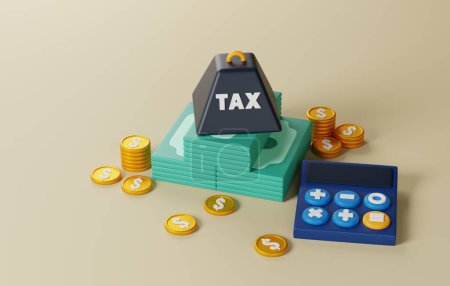 Zeichen der Steuerlast auf Dollarscheinen, Symbol für finanzielle Auswirkungen, Steuererhöhungen. Ideal für die Vermittlung von Konzepten zur Steuerminderung, Steuerplanung und steuerlichen Anreizen. 3D-Darstellung