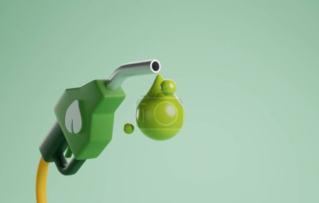 Boquilla de bomba diesel, gota de biocombustible y un símbolo de hoja verde. Perfecto para conceptos ecológicos y visuales de energía sostenible. Ilustración de representación 3D