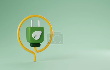Green energy featuring an electric plugin and leaf icon. Ideal for conveying eco-friendliness and natural power concepts. 3D render illustration 