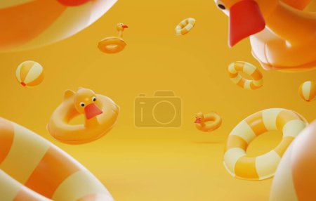 Gummi-Entenring, Strandball, auf gelbem Hintergrund. Ideal, um den unbeschwerten Geist des Sommerspaßes heraufzubeschwören. 3D-Darstellung 