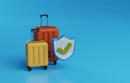 Luggage, protective shield, and reassuring check mark, it symbolizes the security and assurance of travel insurance. 3D render illustration