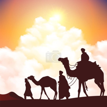 Ilustración de Bedouins and camels in desert dunes under sunset sky illustration. Islamic landscape arabian background. - Imagen libre de derechos