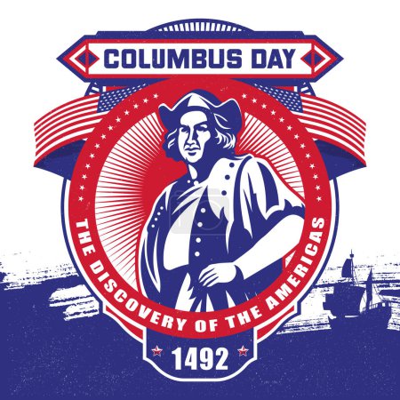 Téléchargez les illustrations : Columbus Day with America flag Badge illustration - en licence libre de droit